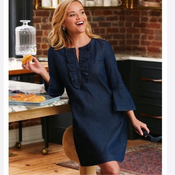 DRAPER‎ JAMES Chambray Ruffle Shift Dress Size 10 - Picture 1 of 11